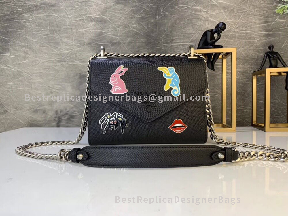Prada Black Monochrome Saffiano Leather Bag With Doll SHW 127